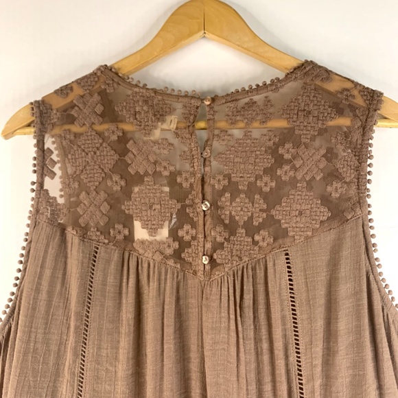 Mocha mousse gauze Sleeveless Embroidered lace yoke handkerchief hem boho dress - Picture 4 of 14